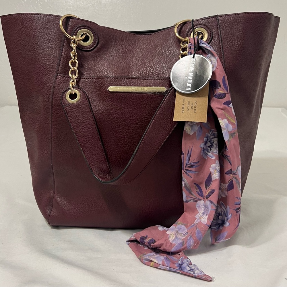Steve Madden Wine Burgundy Floral Lined Tote Bag NWT Gold Chain Shoulder Purse
